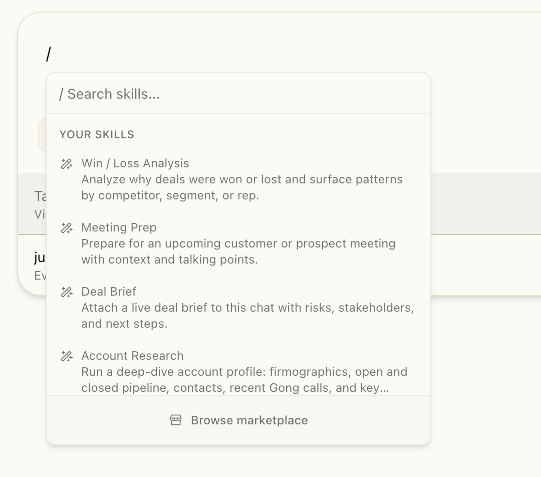 The slash command menu in the Attive chat composer, listing reusable Skills.