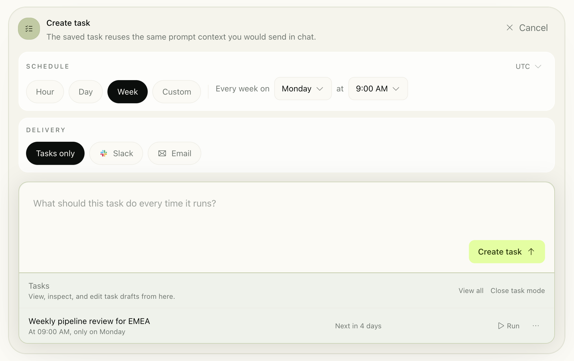 The Attive task composer with schedule and delivery settings.